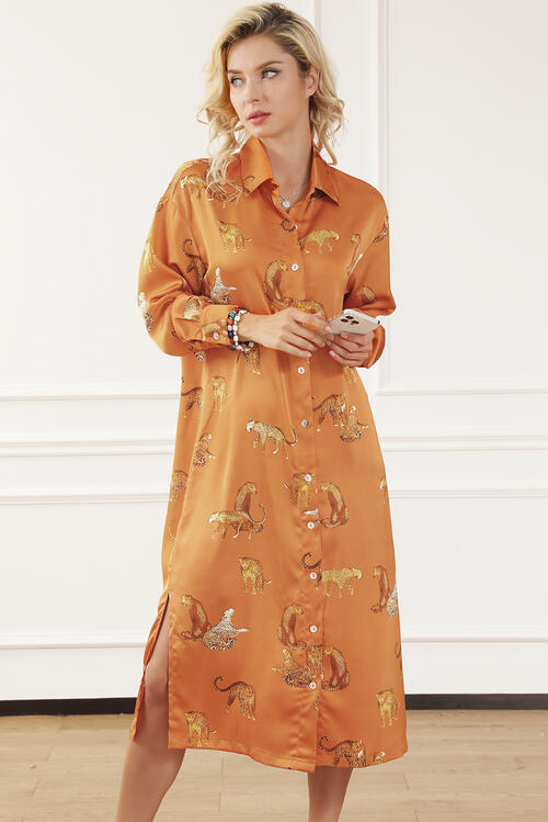 Animal Pattern Long Sleeve Slit Shirt Dress